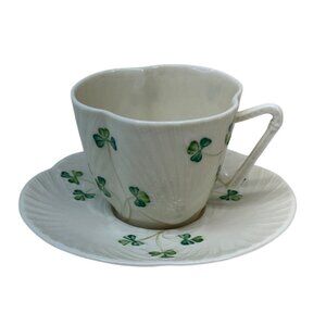 Belleek Ireland Shamrock Shell Harp Flat Cup & Saucer Set 7th Mark 1980 - 1993